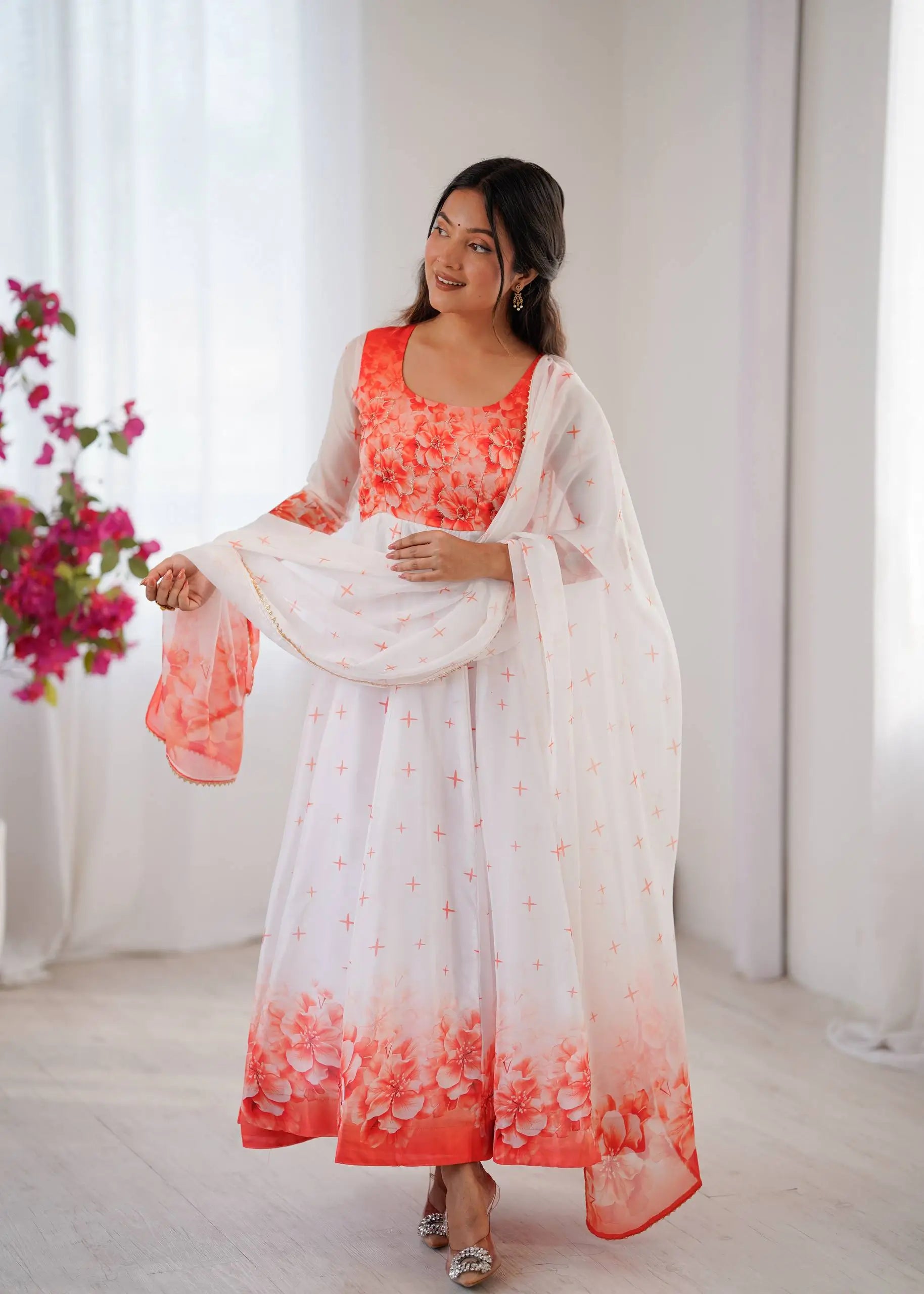 Coral Bloom Organza Taby Silk Digital Print Anarkali Gown Set