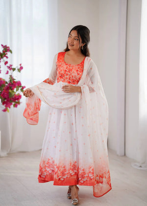 Coral Bloom Organza Taby Silk Digital Print Anarkali Gown Set