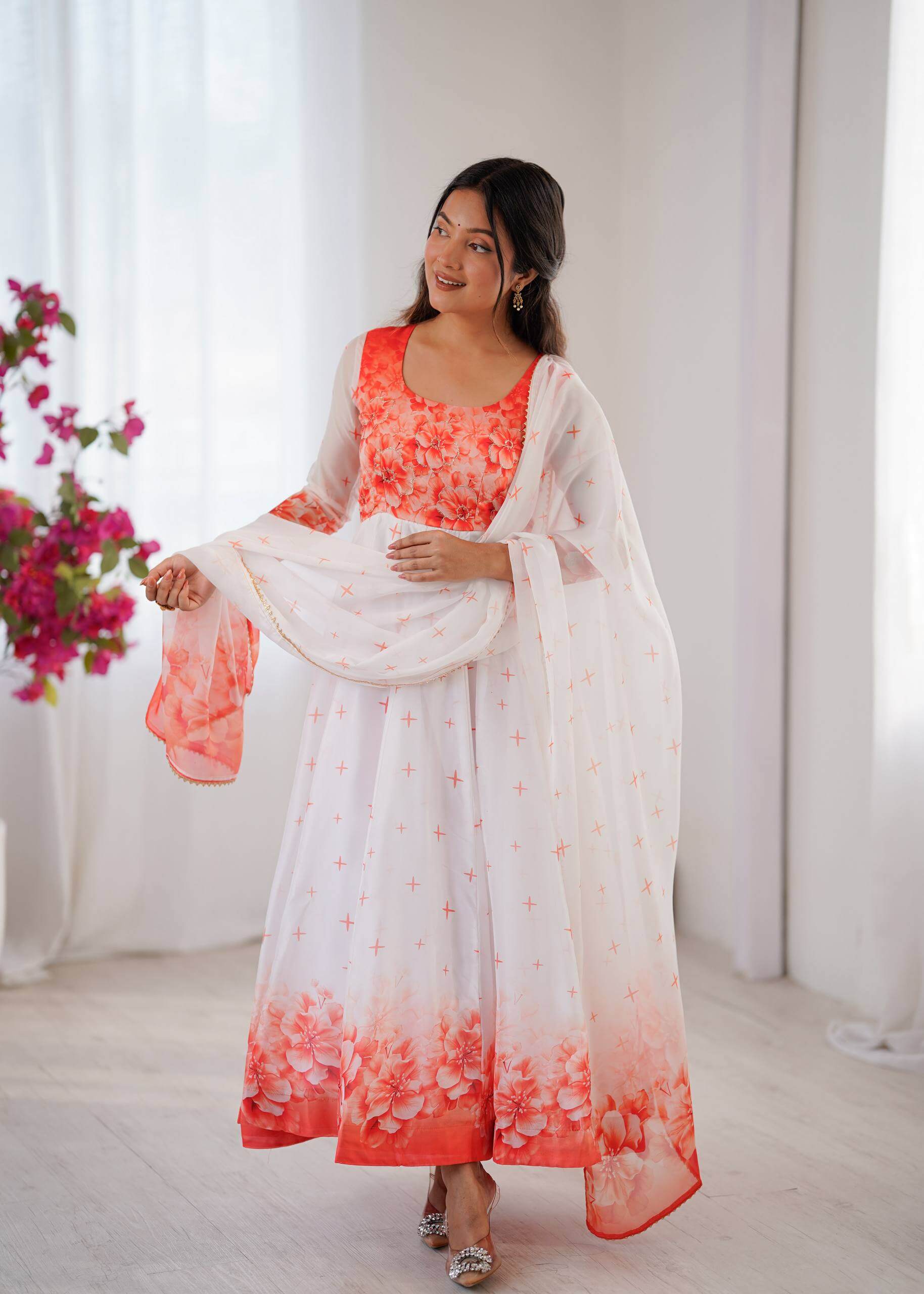 Coral Bloom Organza Taby Silk Digital Print Anarkali Gown Set