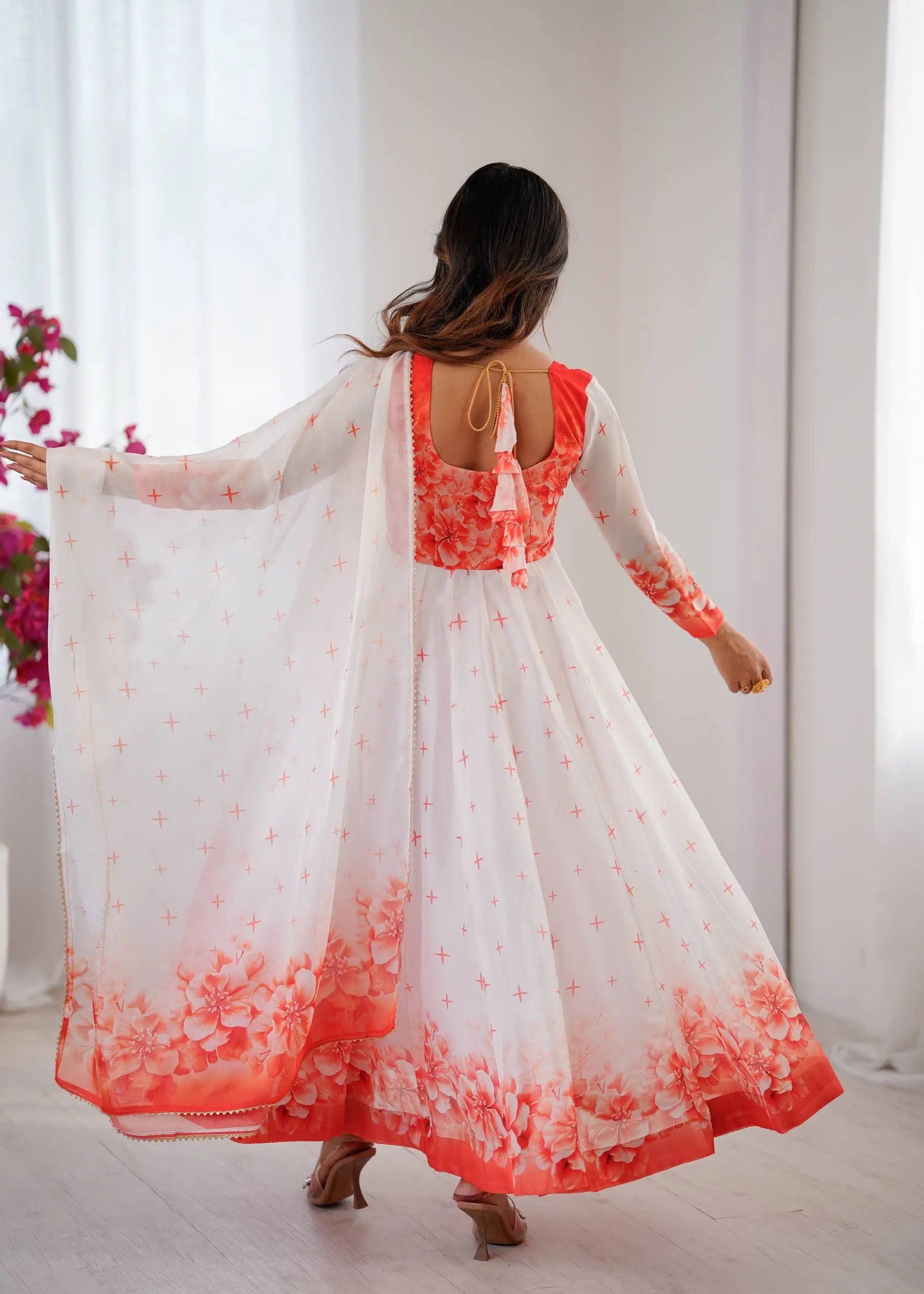 Coral Bloom Organza Taby Silk Digital Print Anarkali Gown Set