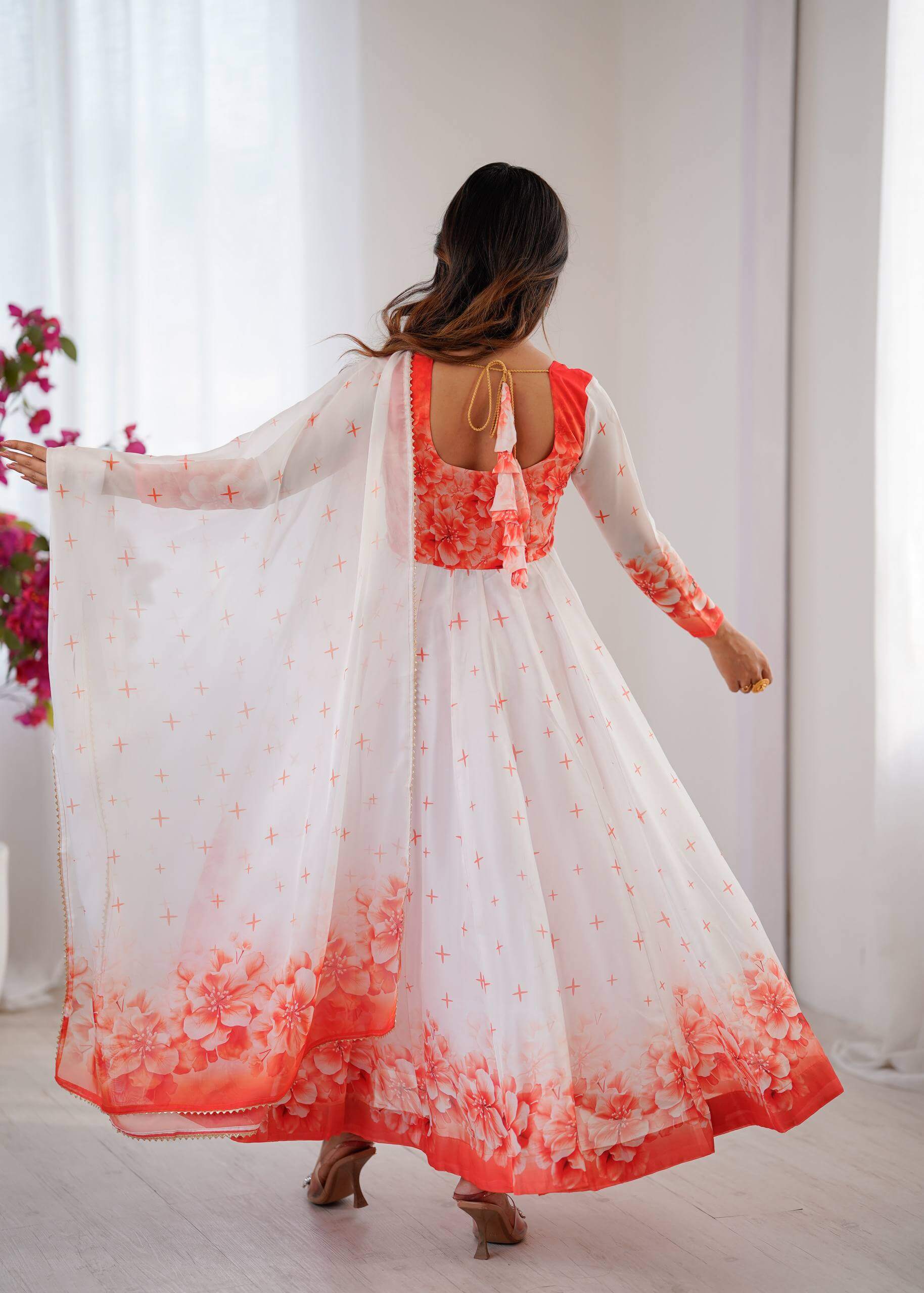Coral Bloom Organza Taby Silk Digital Print Anarkali Gown Set