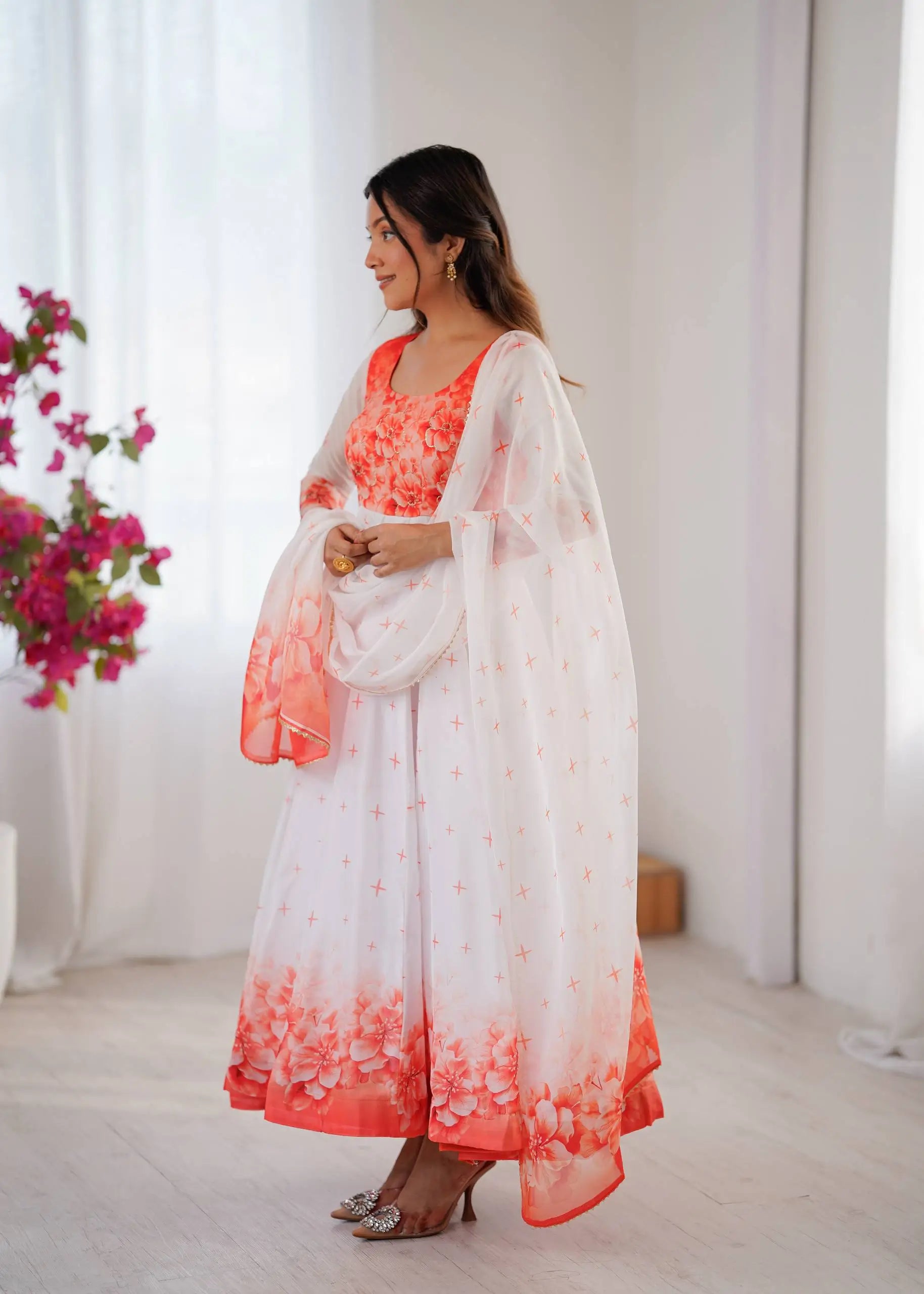 Coral Bloom Organza Taby Silk Digital Print Anarkali Gown Set
