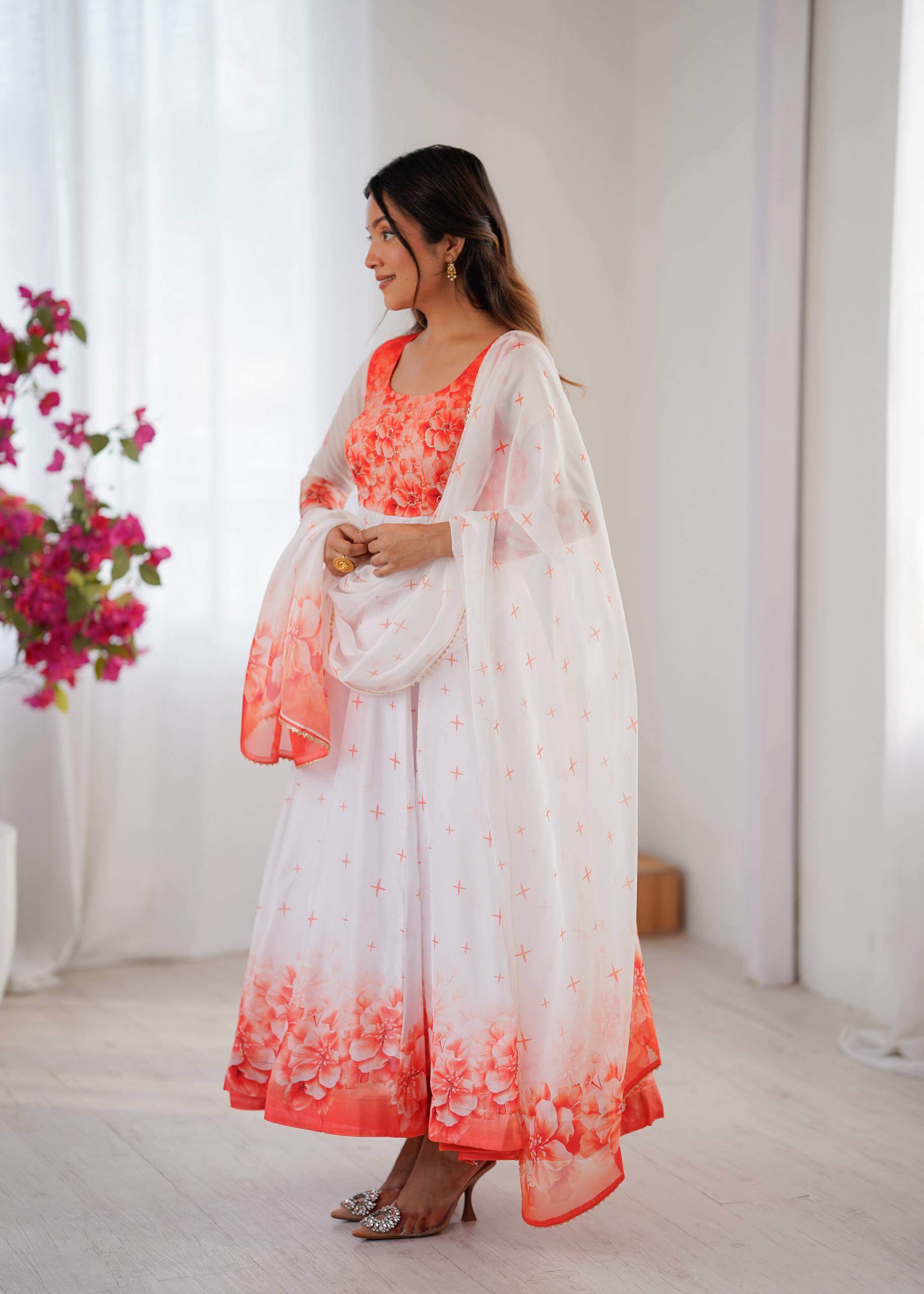Coral Bloom Organza Taby Silk Digital Print Anarkali Gown Set