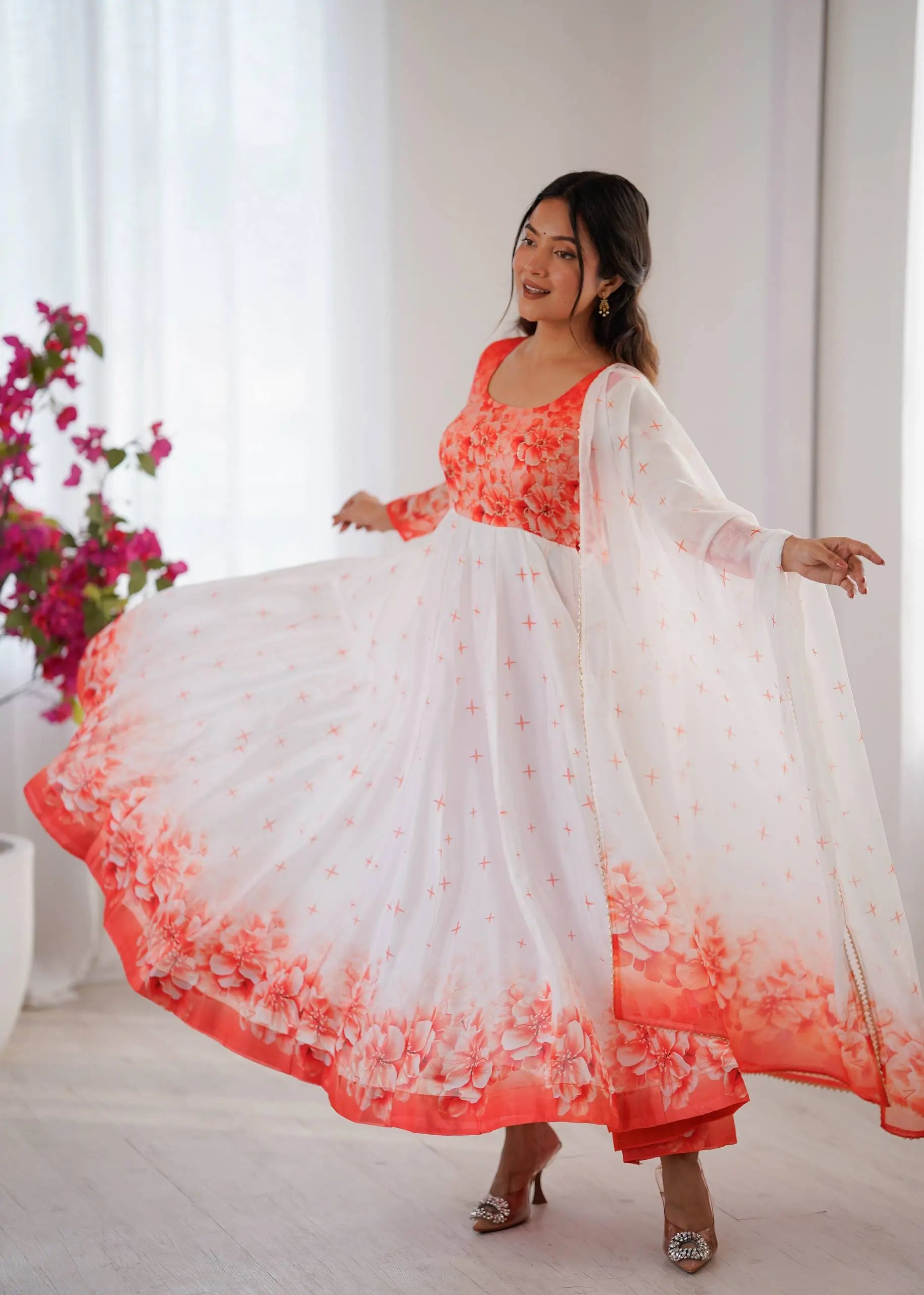 Coral Bloom Organza Taby Silk Digital Print Anarkali Gown Set