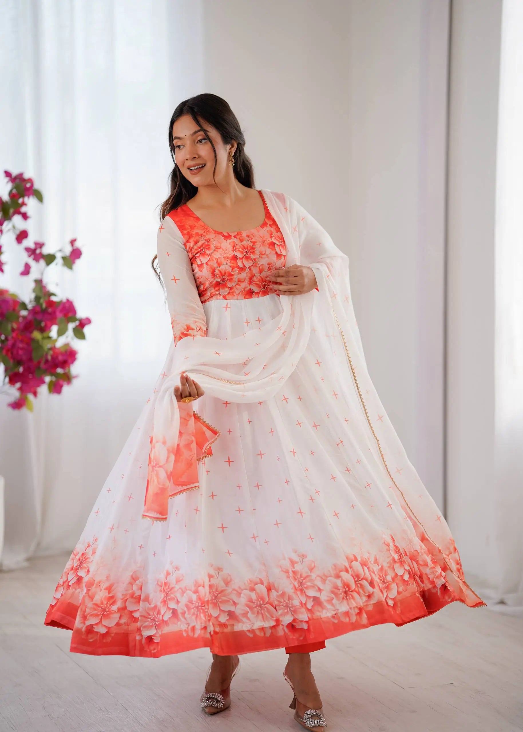 Coral Bloom Organza Taby Silk Digital Print Anarkali Gown Set