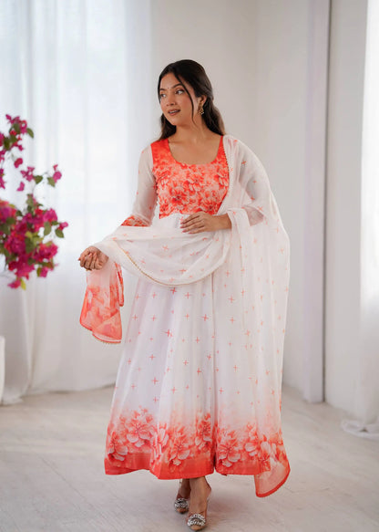 Coral Bloom Organza Taby Silk Digital Print Anarkali Gown Set