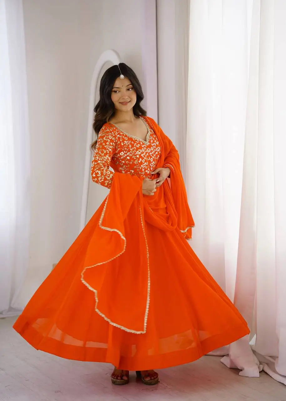 Coral Floral Sequin Anarkali Gown
