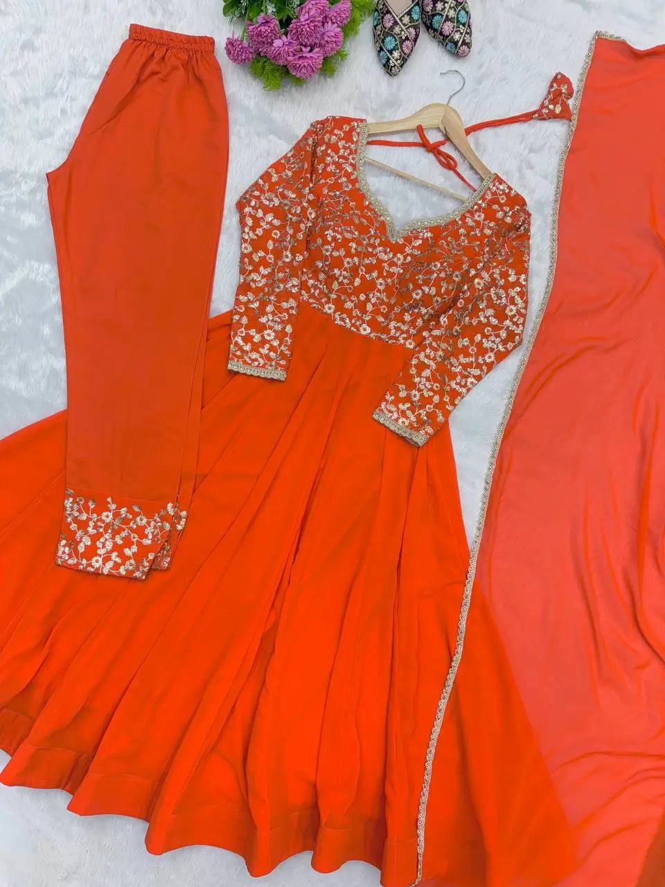 Coral Floral Sequin Anarkali Gown