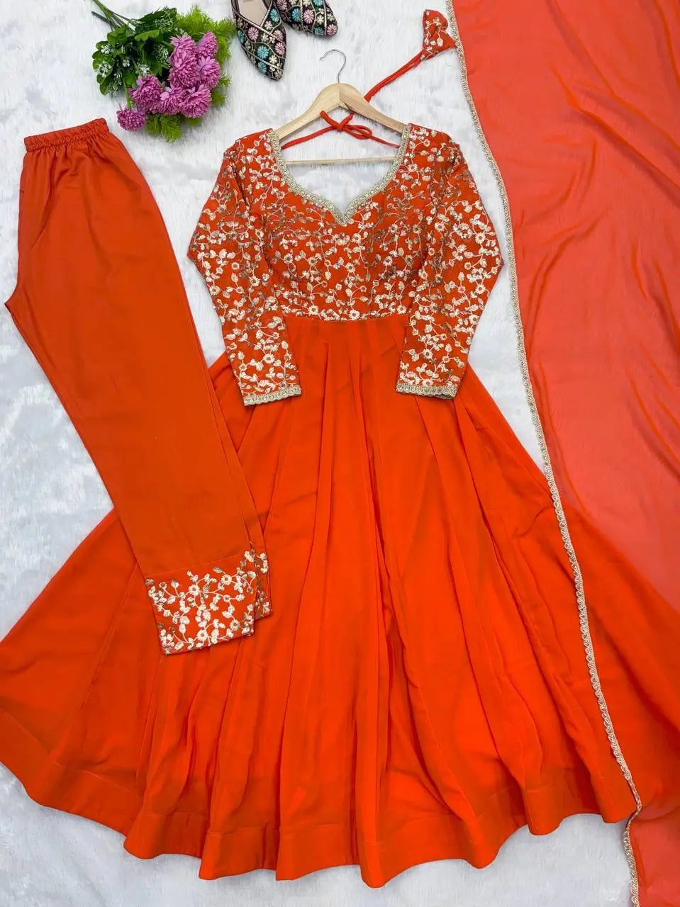Coral Floral Sequin Anarkali Gown