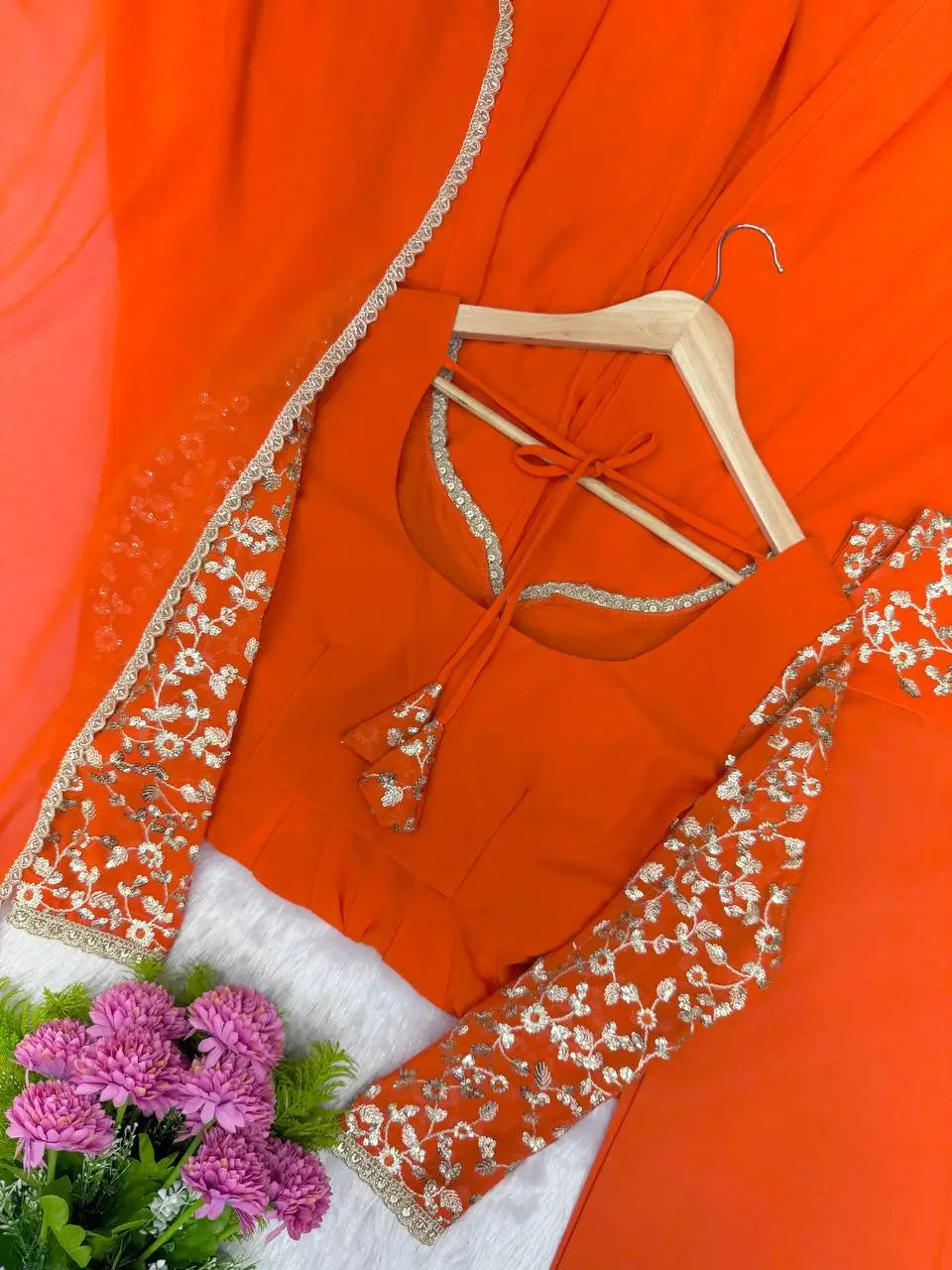 Coral Floral Sequin Anarkali Gown
