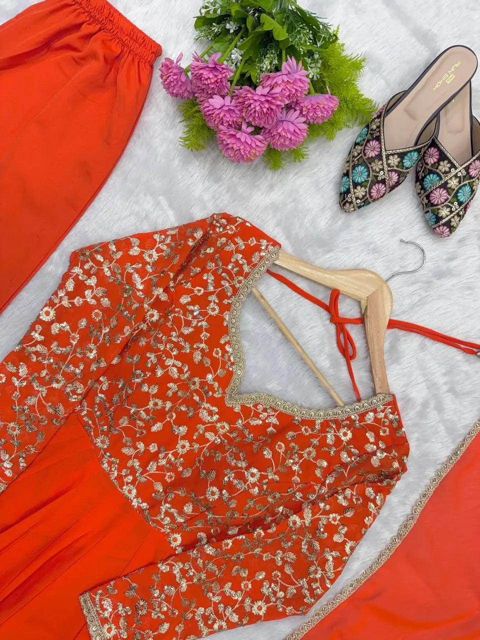 Coral Floral Sequin Anarkali Gown