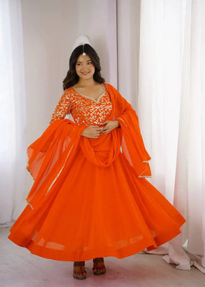 Coral Floral Sequin Anarkali Gown