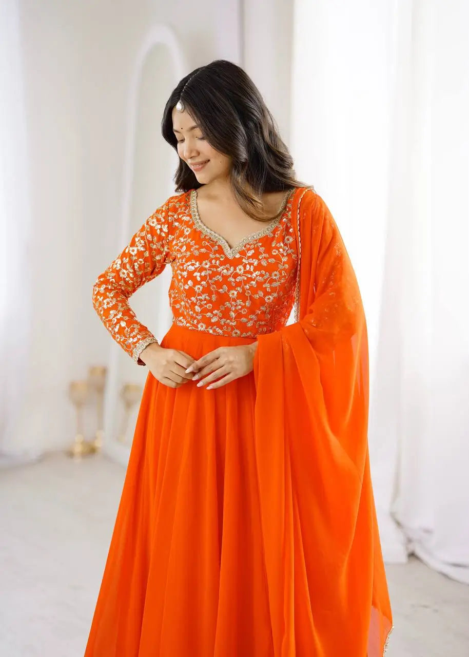 Coral Floral Sequin Anarkali Gown
