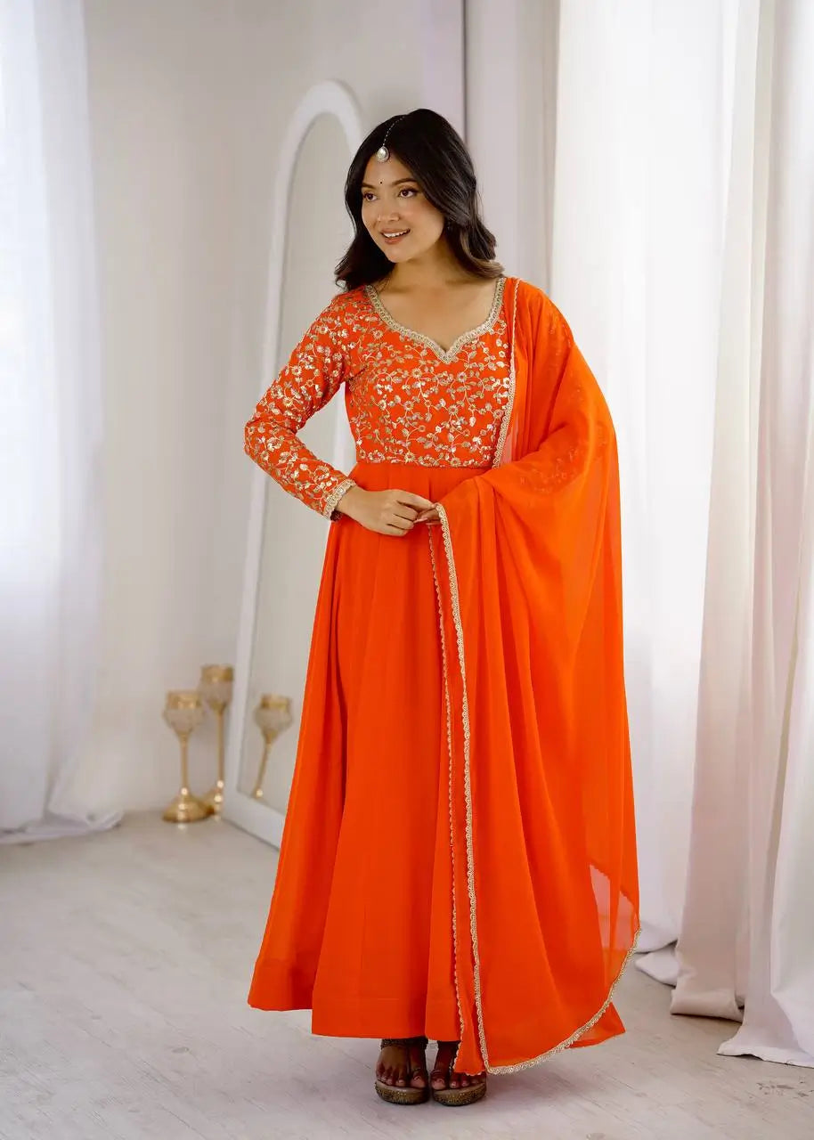 Coral Floral Sequin Anarkali Gown