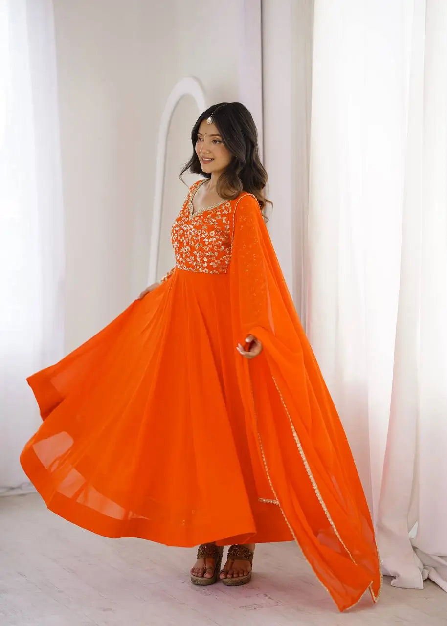 Coral Floral Sequin Anarkali Gown