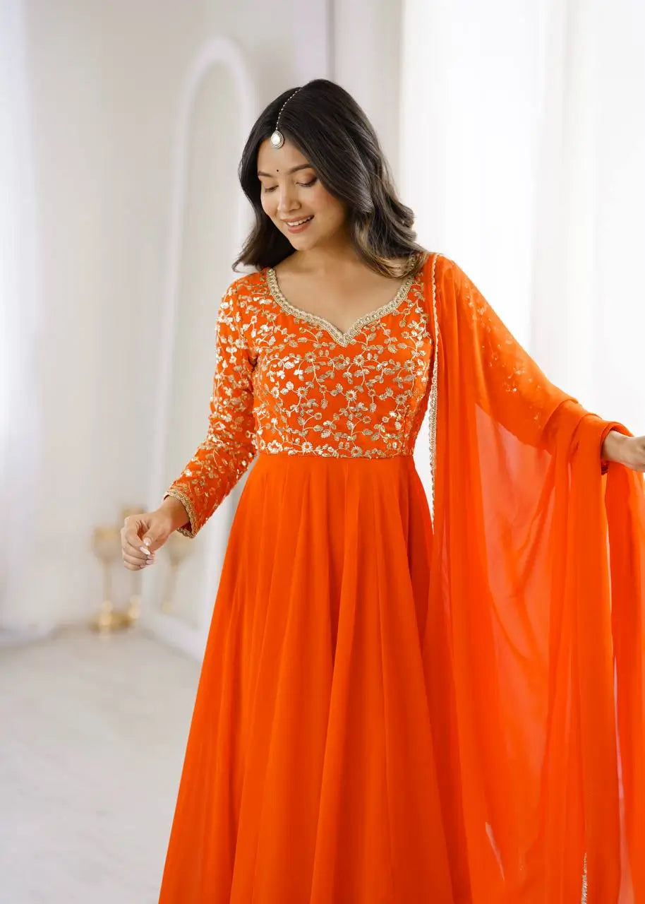 Coral Floral Sequin Anarkali Gown