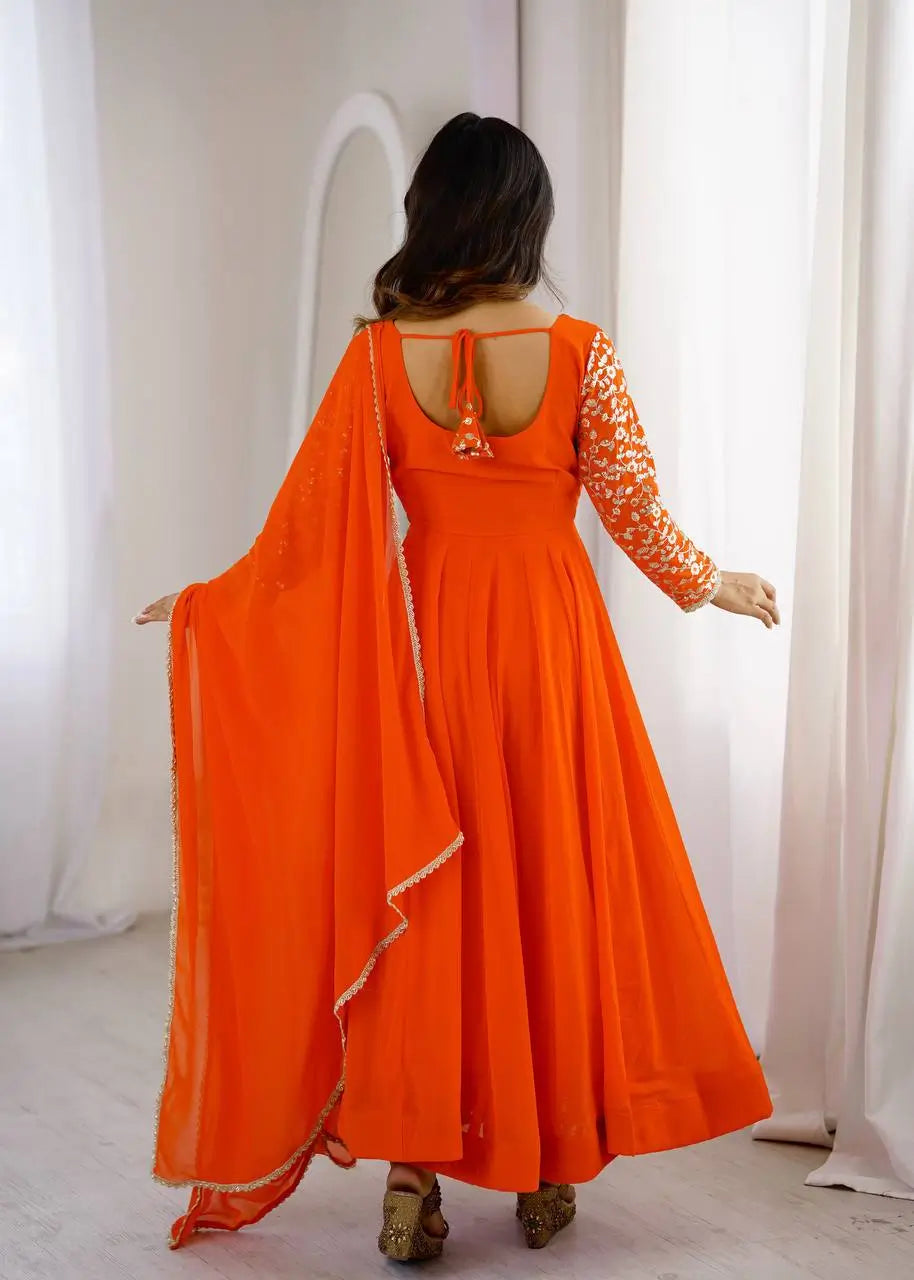 Coral Floral Sequin Anarkali Gown