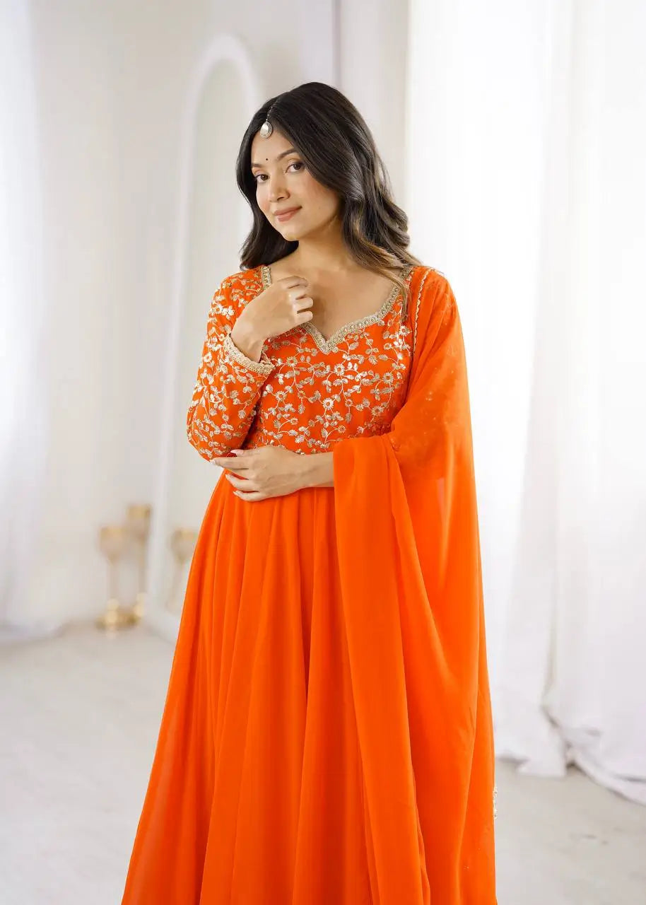 Coral Floral Sequin Anarkali Gown