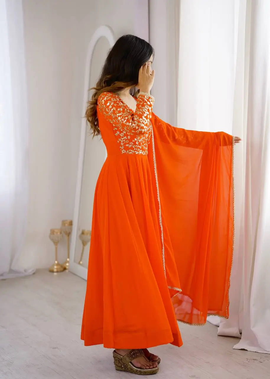 Coral Floral Sequin Anarkali Gown