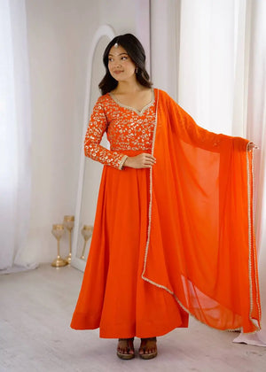 Coral Floral Sequin Anarkali Gown