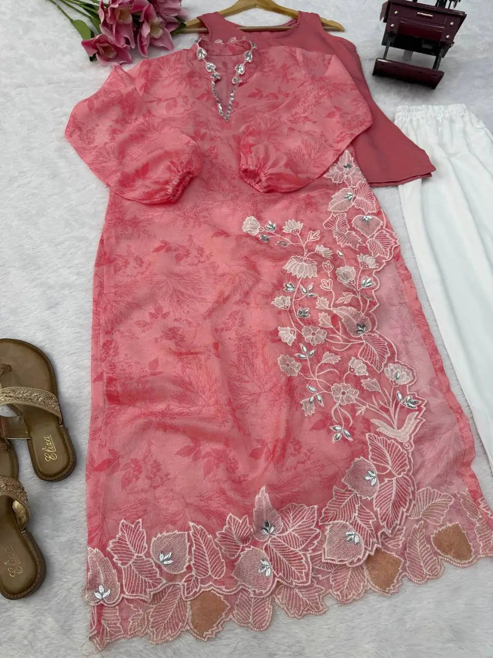 Coral Mirrorwork Organza Shrug Set