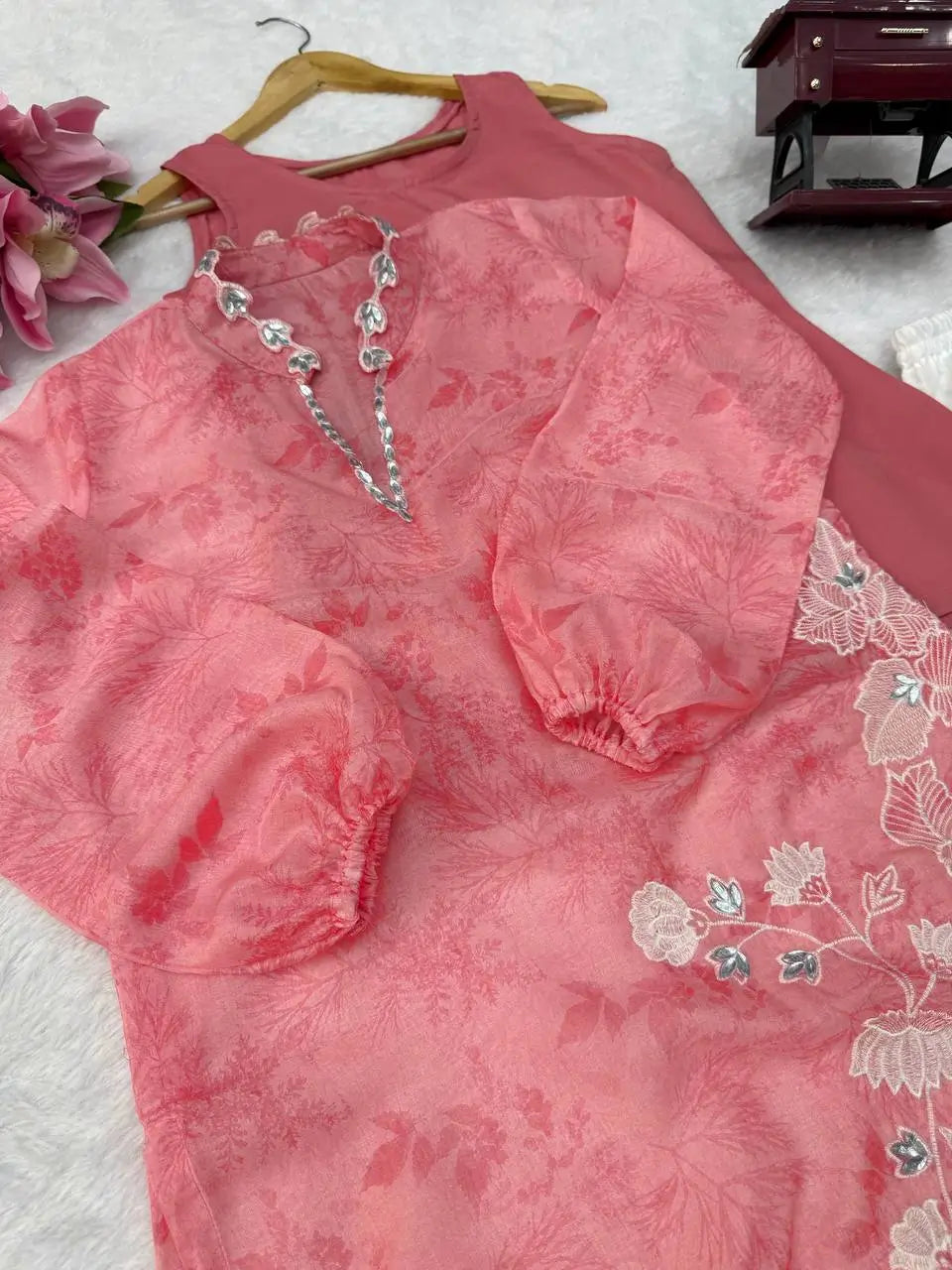Coral Mirrorwork Organza Shrug Set
