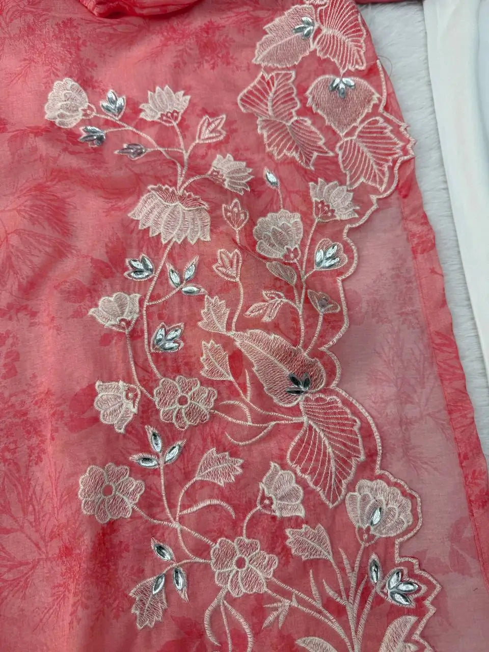 Coral Mirrorwork Organza Shrug Set