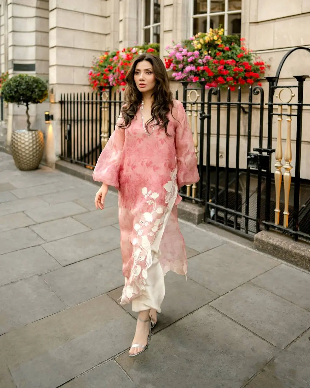 Coral Mirrorwork Organza Shrug Set