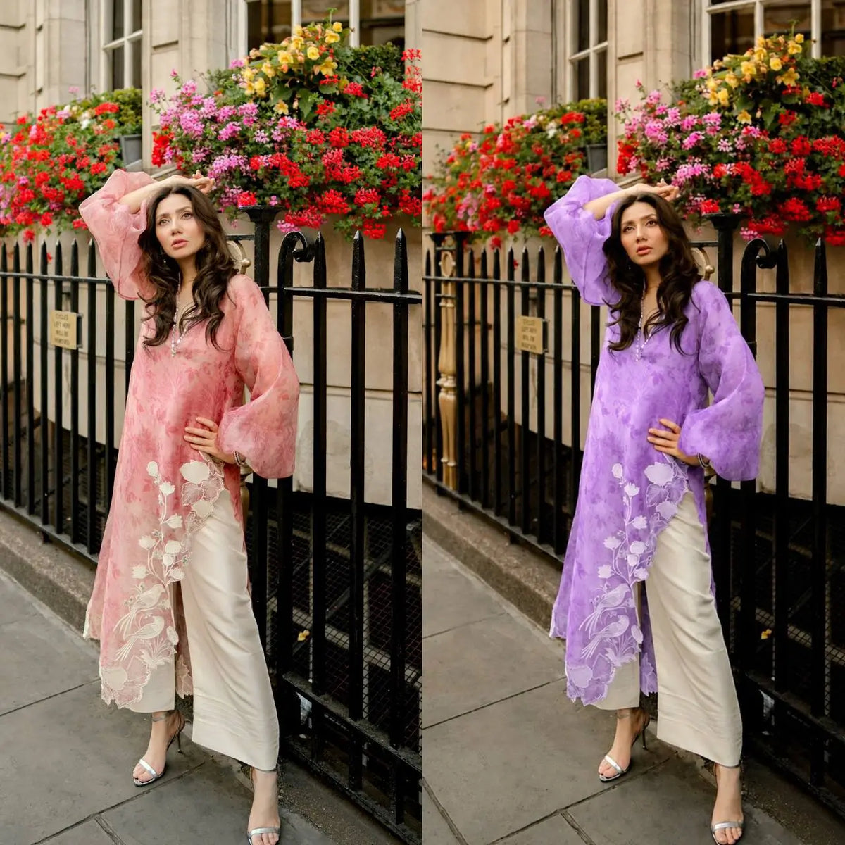 Coral Mirrorwork Organza Shrug Set