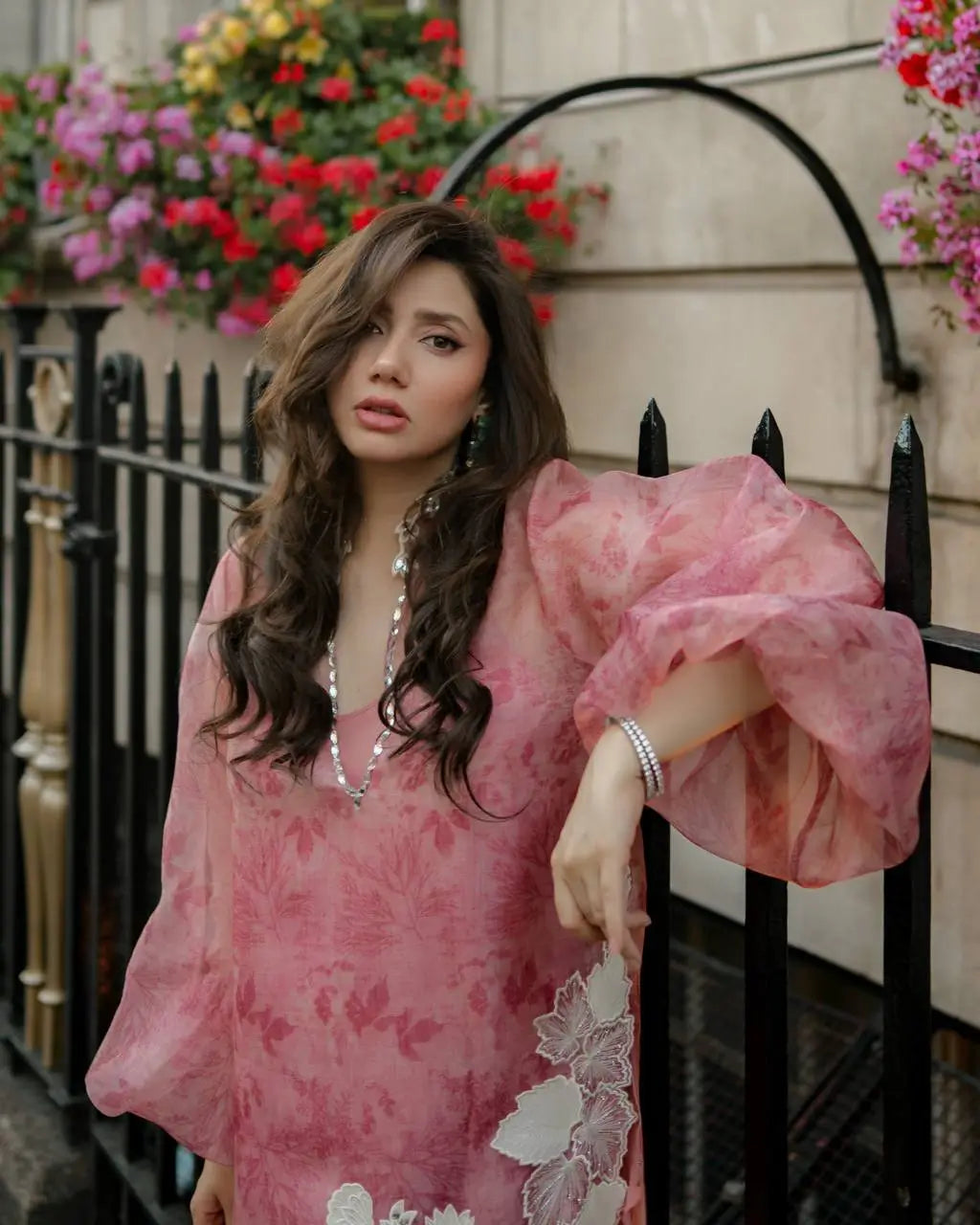 Coral Mirrorwork Organza Shrug Set