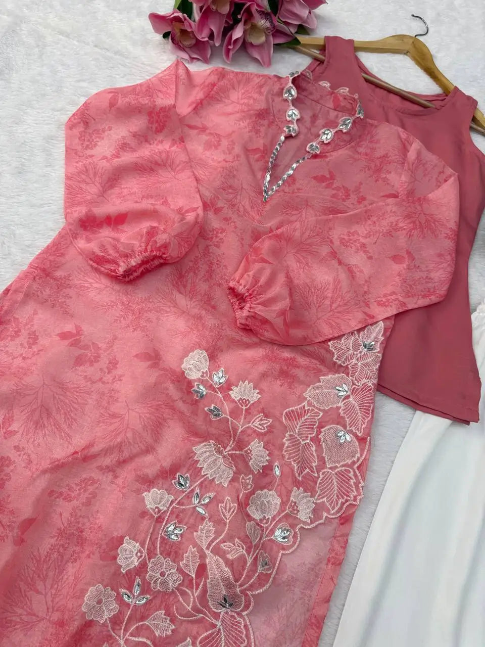 Coral Mirrorwork Organza Shrug Set
