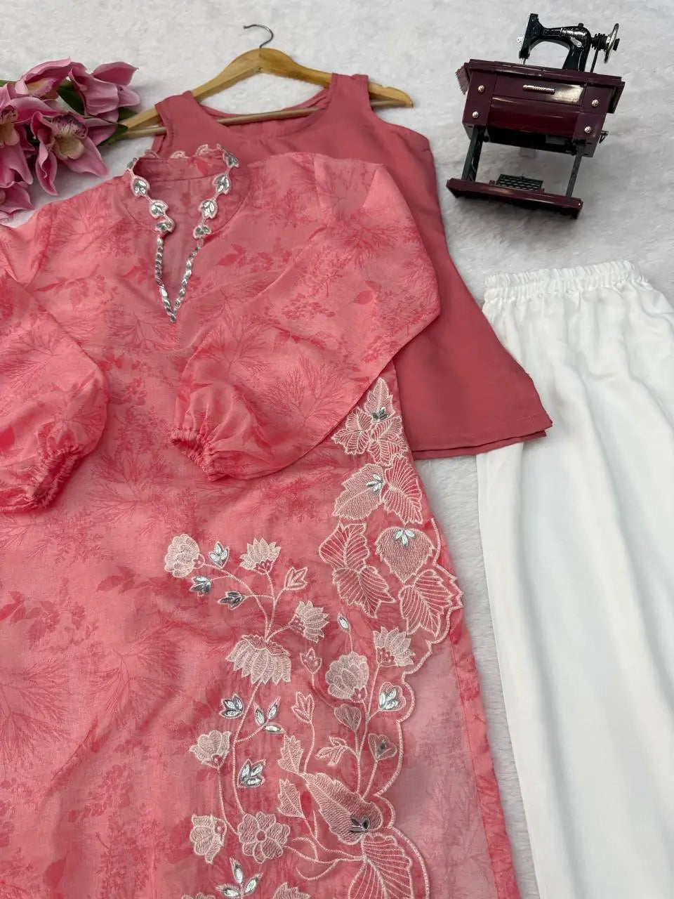 Coral Mirrorwork Organza Shrug Set