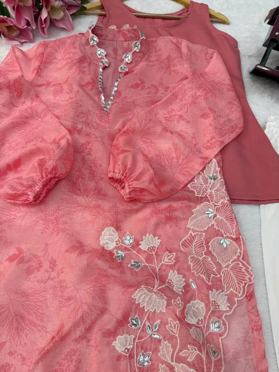 Coral Mirrorwork Organza Shrug Set