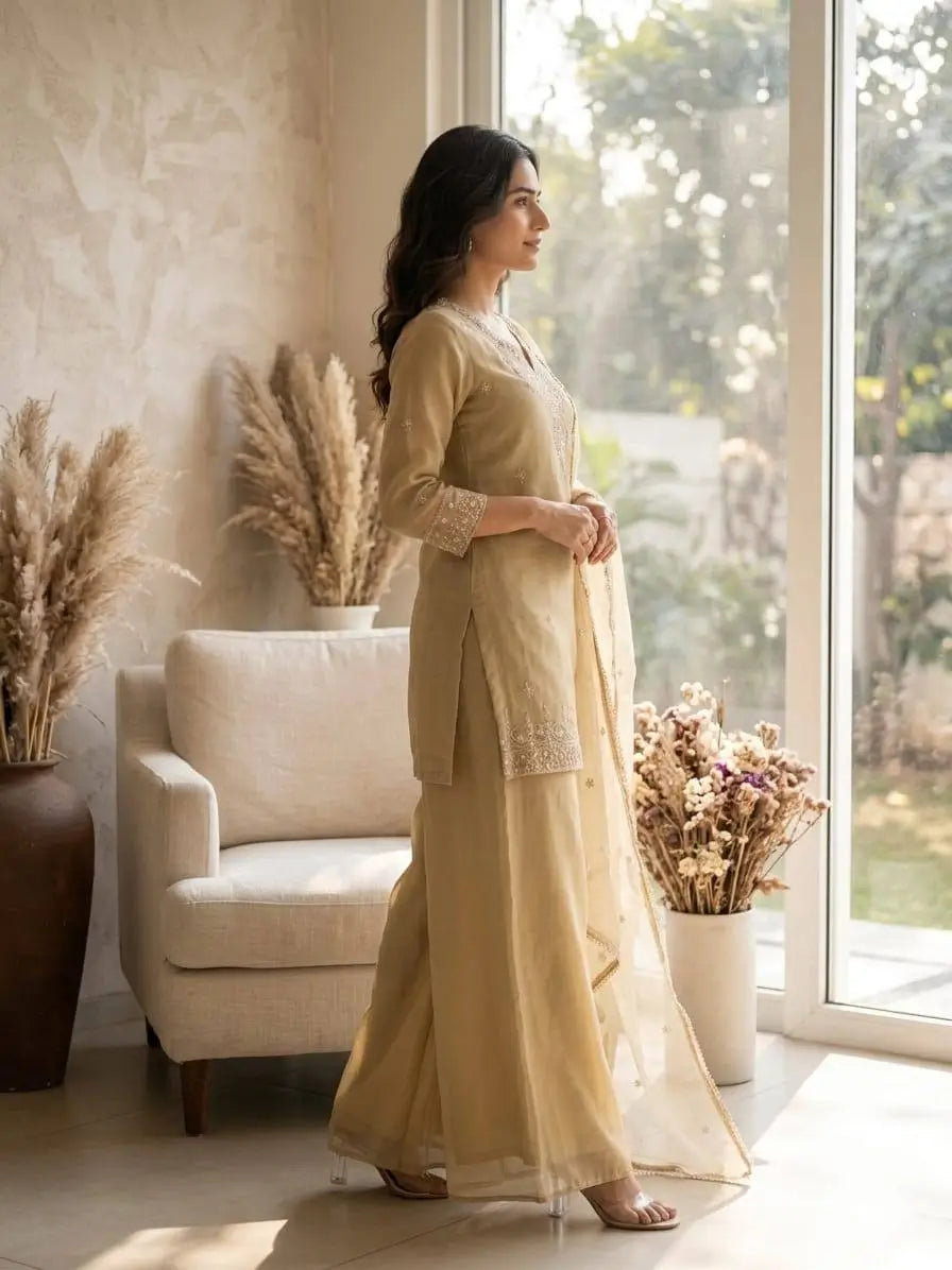Cosmos Fabric Embroidered Kurta Palazzo Set