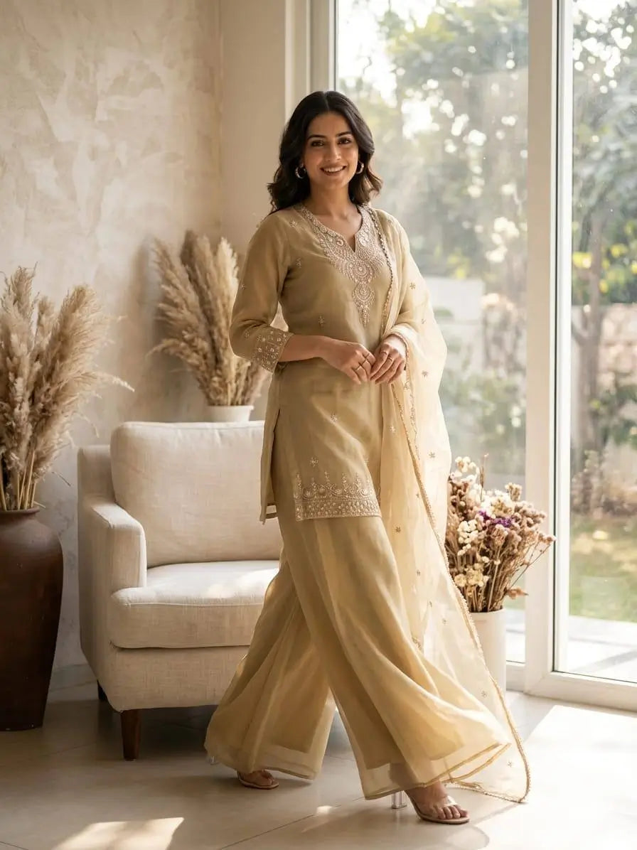 Cosmos Fabric Embroidered Kurta Palazzo Set