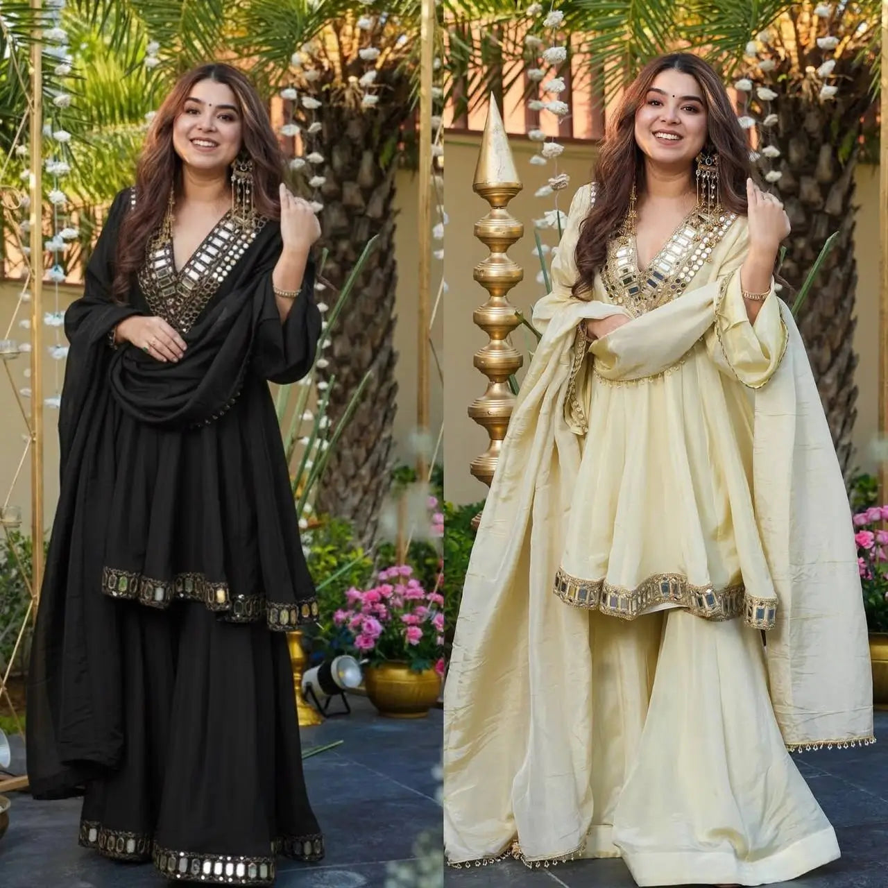 Cosmos Fabric Mirror Work Anarkali Plazo Set