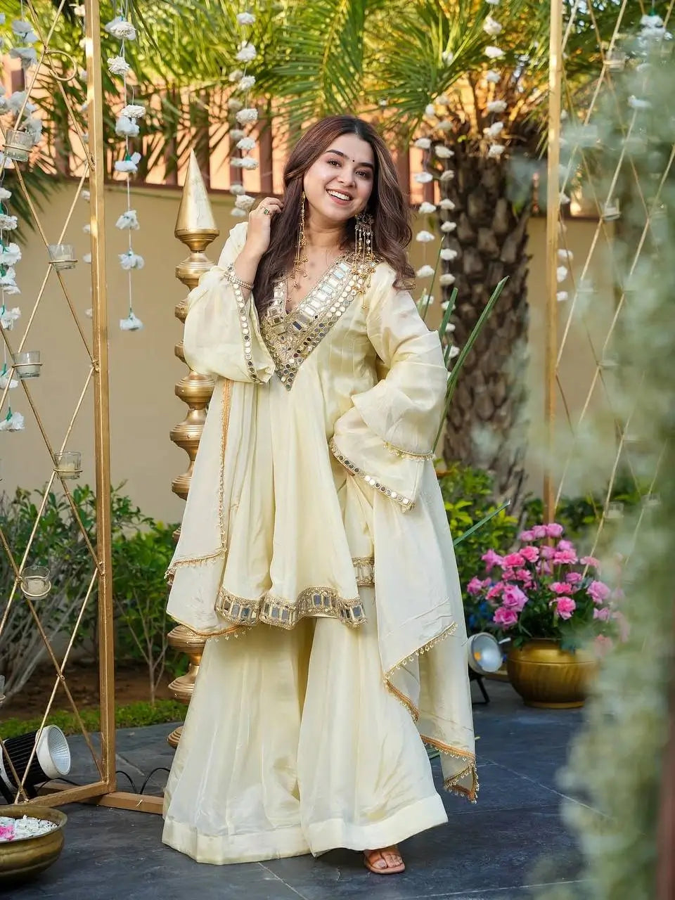 Cosmos Fabric Mirror Work Anarkali Plazo Set