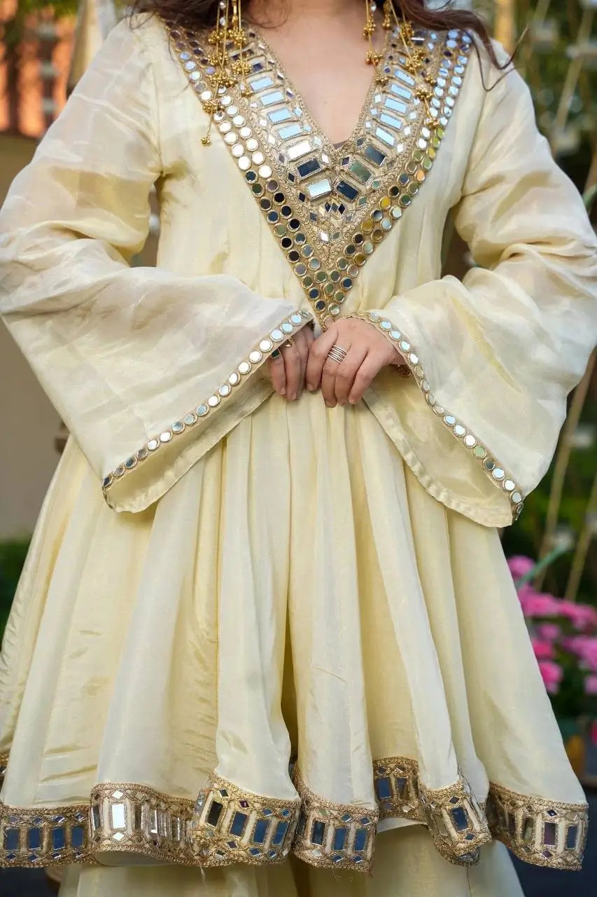 Cosmos Fabric Mirror Work Anarkali Plazo Set