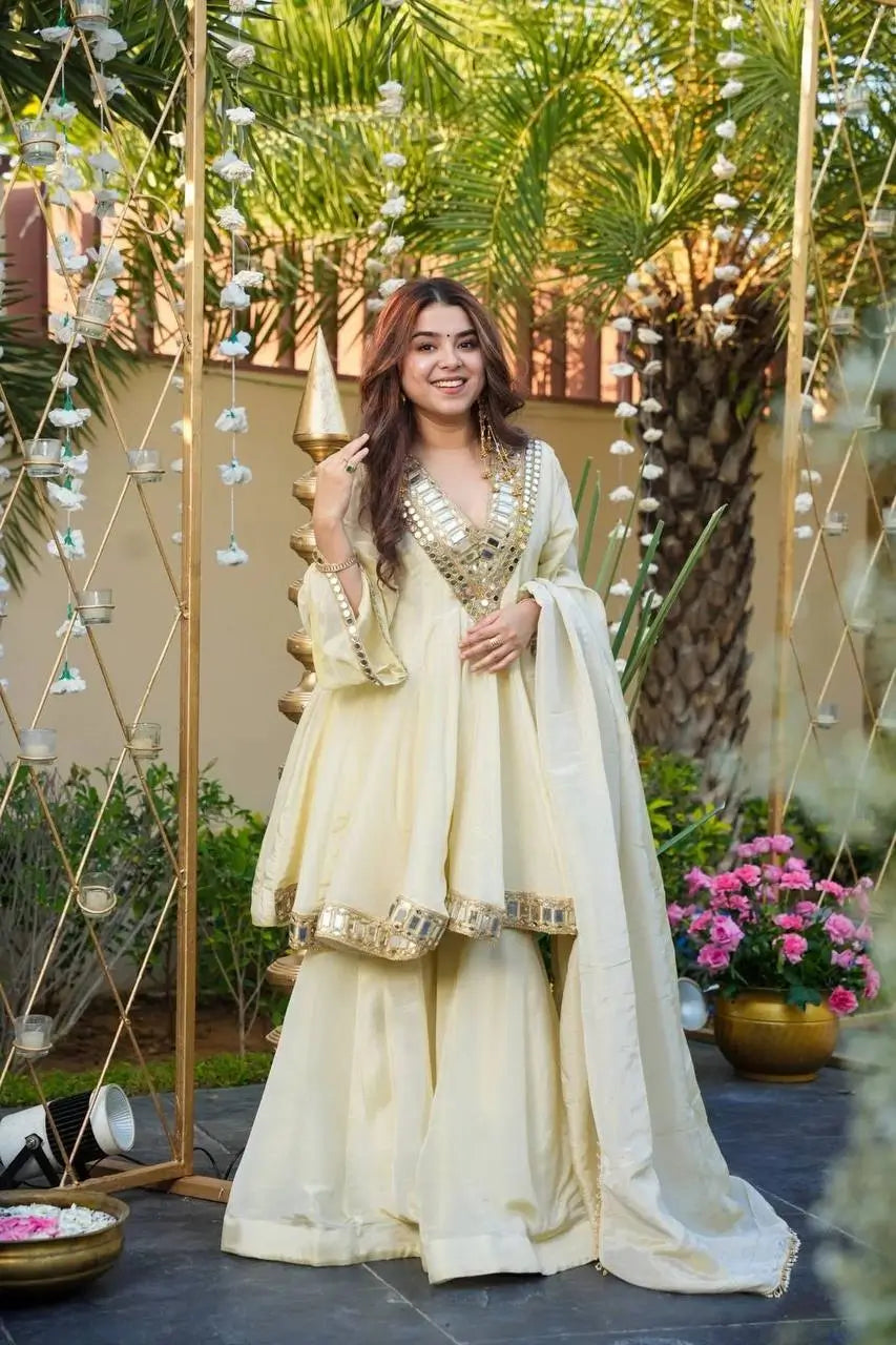 Cosmos Fabric Mirror Work Anarkali Plazo Set
