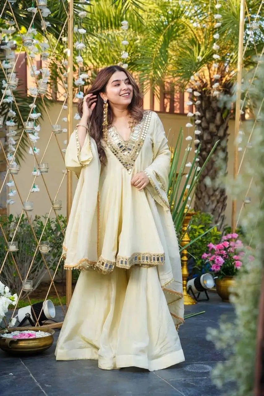 Cosmos Fabric Mirror Work Anarkali Plazo Set