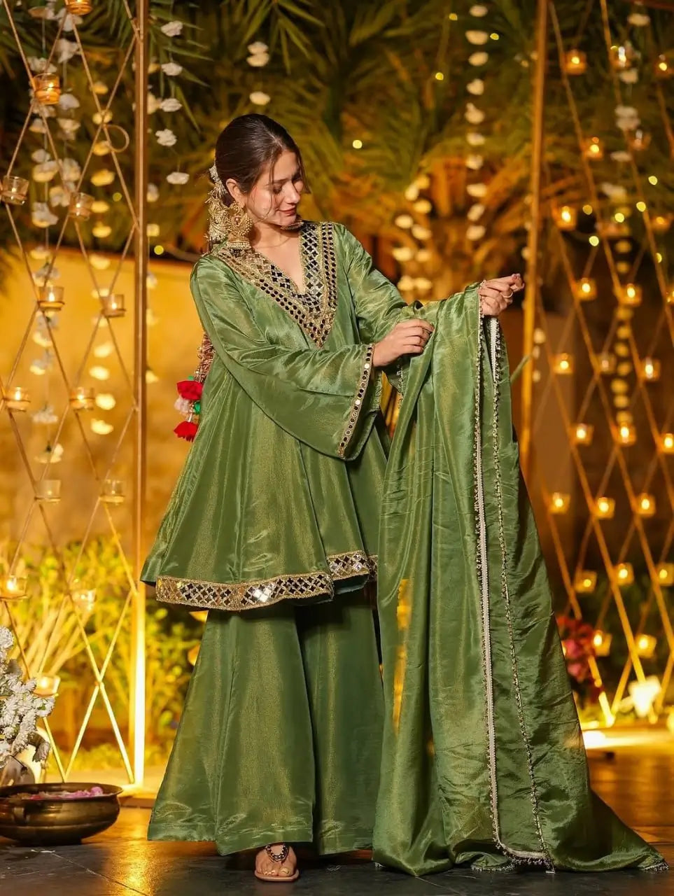 Cosmos Fabric Mirror Work Anarkali Plazo Set
