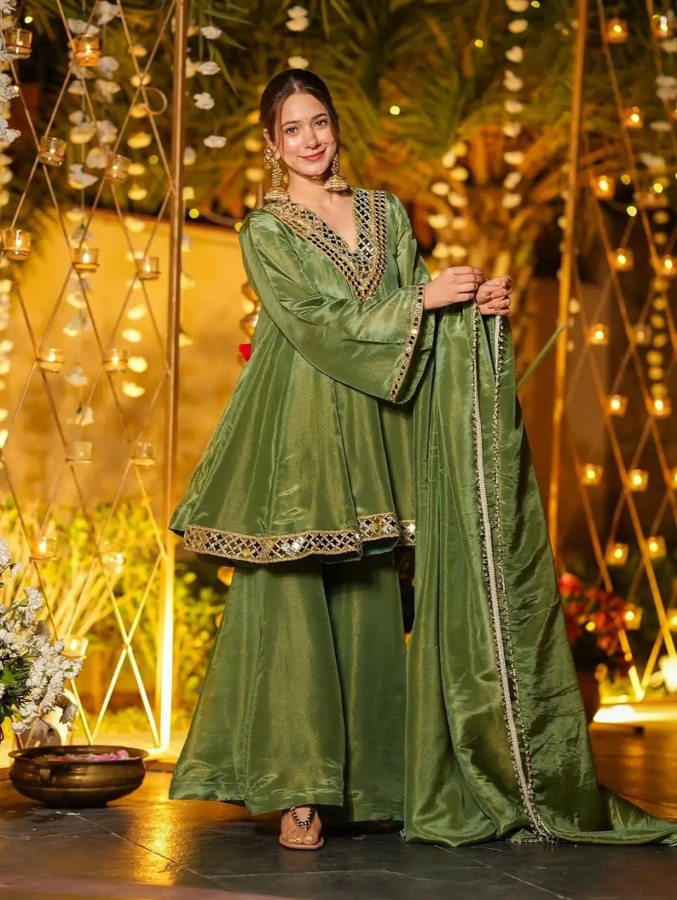 Cosmos Fabric Mirror Work Anarkali Plazo Set