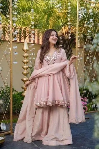Cosmos Fabric Mirror Work Anarkali Plazo Set