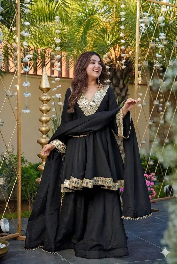 Cosmos Fabric Mirror Work Anarkali Plazo Set