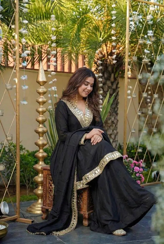 Cosmos Fabric Mirror Work Anarkali Plazo Set