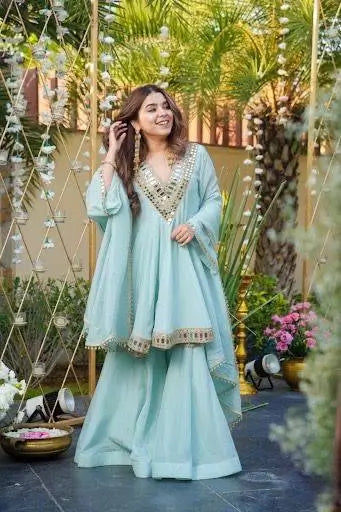 Cosmos Fabric Mirror Work Anarkali Plazo Set