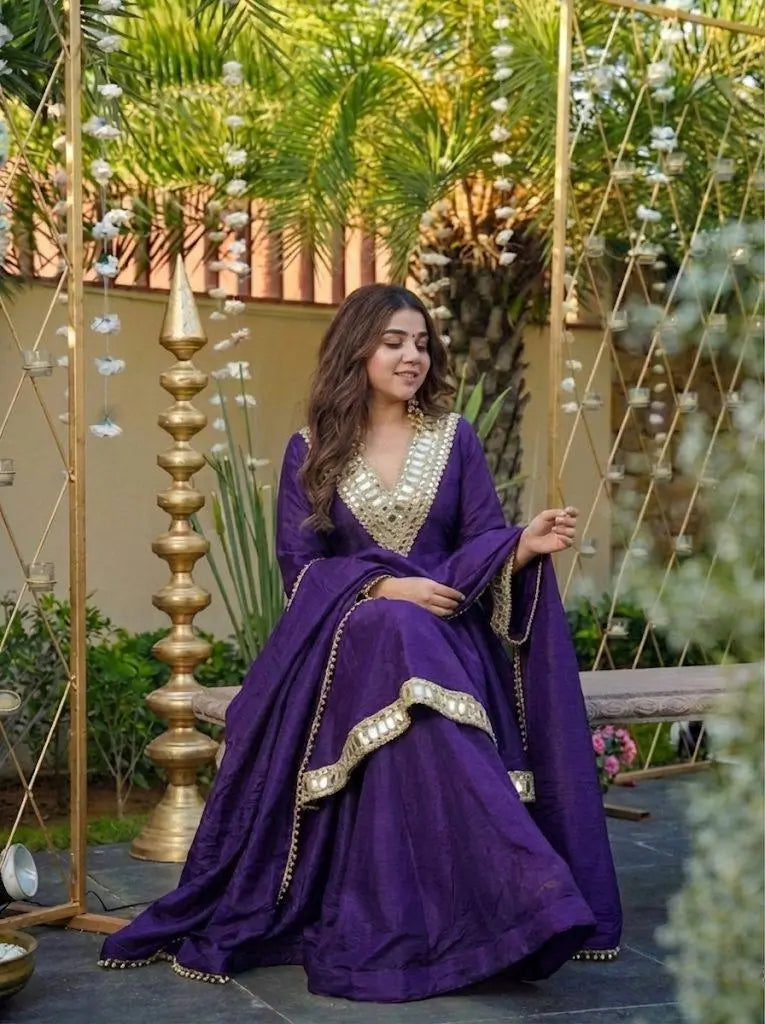 Cosmos Fabric Mirror Work Anarkali Plazo Set
