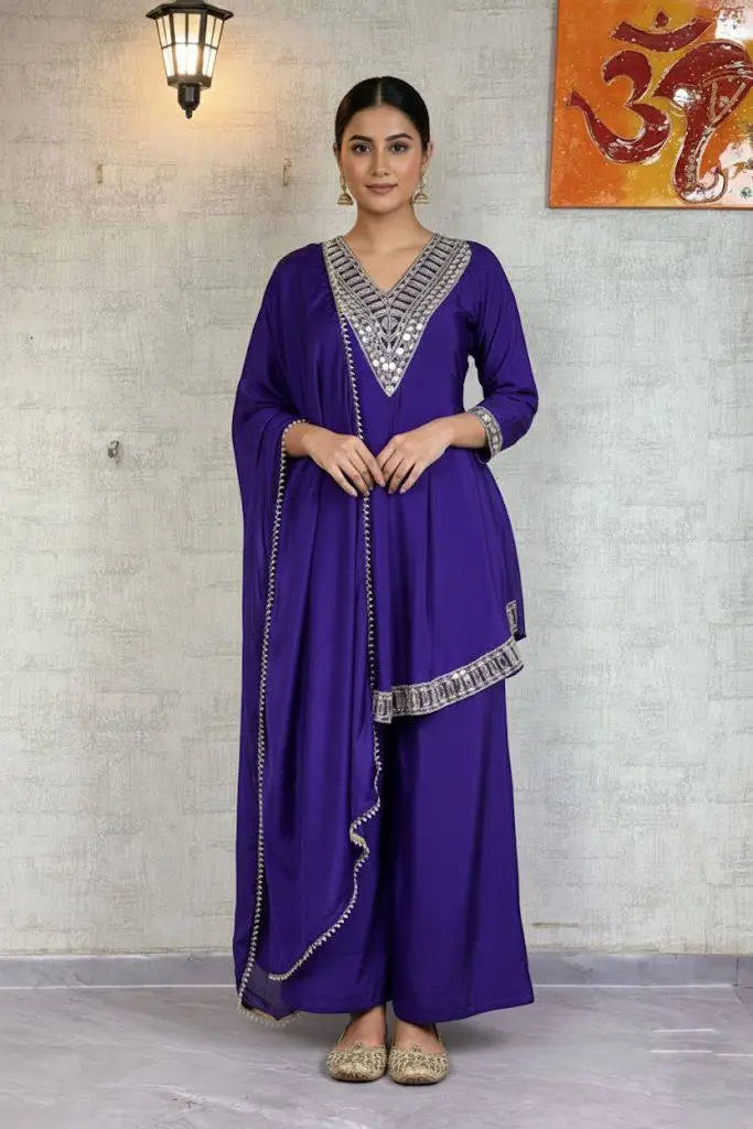 Cosmos Fabric Mirror Work Anarkali Plazo Set
