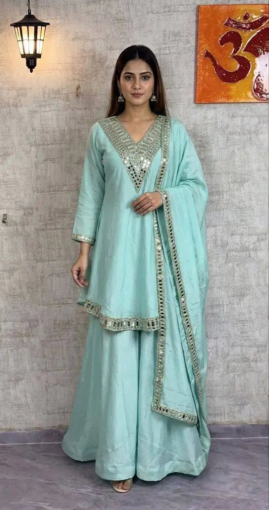 Cosmos Fabric Mirror Work Anarkali Plazo Set