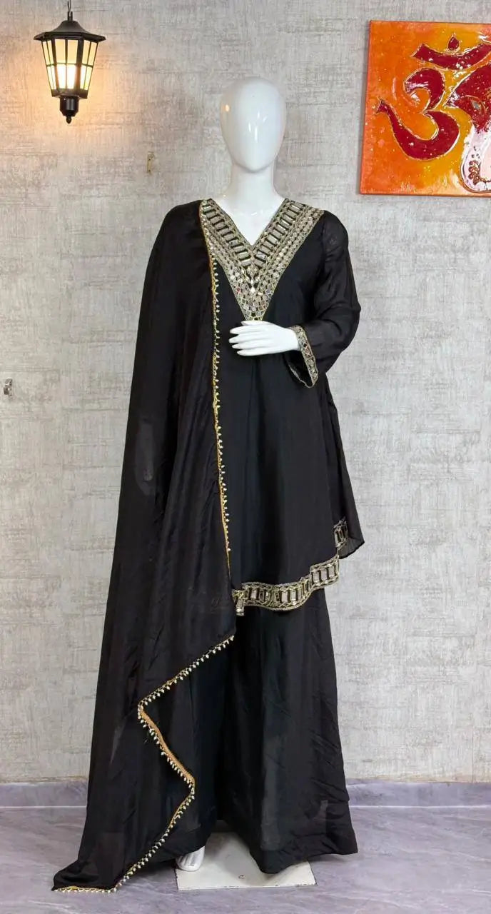 Cosmos Fabric Mirror Work Anarkali Plazo Set